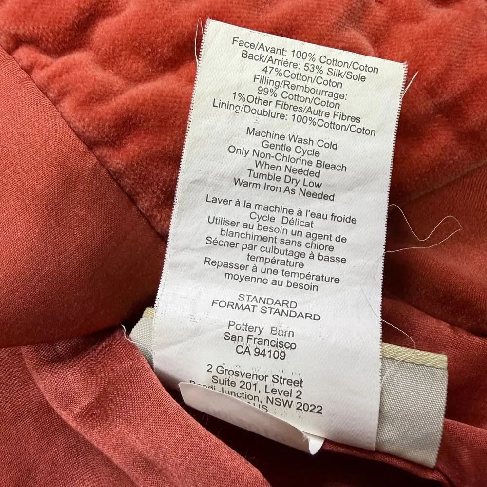POTTERY BARN Velvet & Silk Diamond Quilt Standard Shams Terracotta RARE 2016